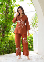 Brown Rust Embroidered Cotton Slub Co-Ord Set