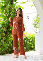 Brown Rust Embroidered Cotton Slub Co-Ord Set