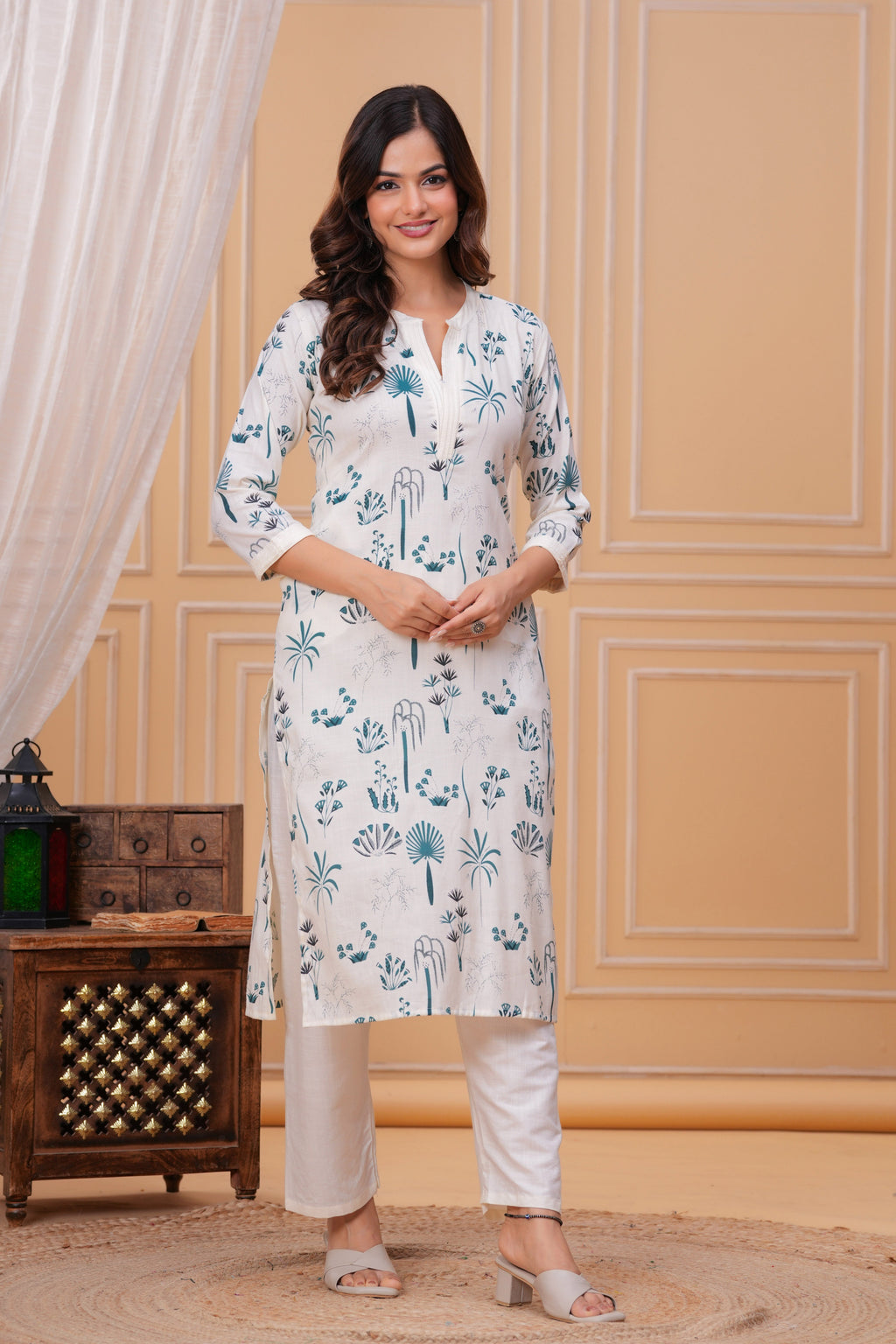 Blue White Printed Cotton Kurta and Pant Set