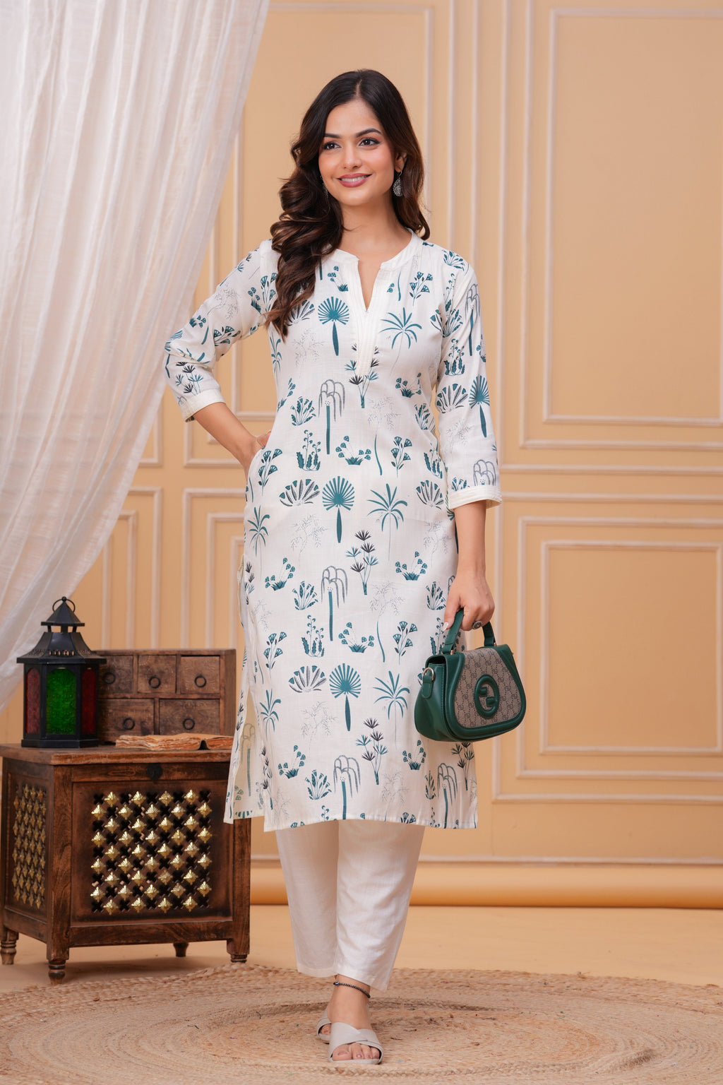 Blue White Printed Cotton Kurta and Pant Set