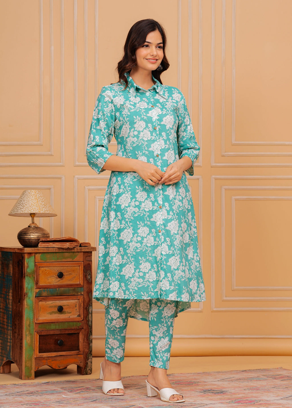 Downy White Floral Printed Rayon Co-Ord Set