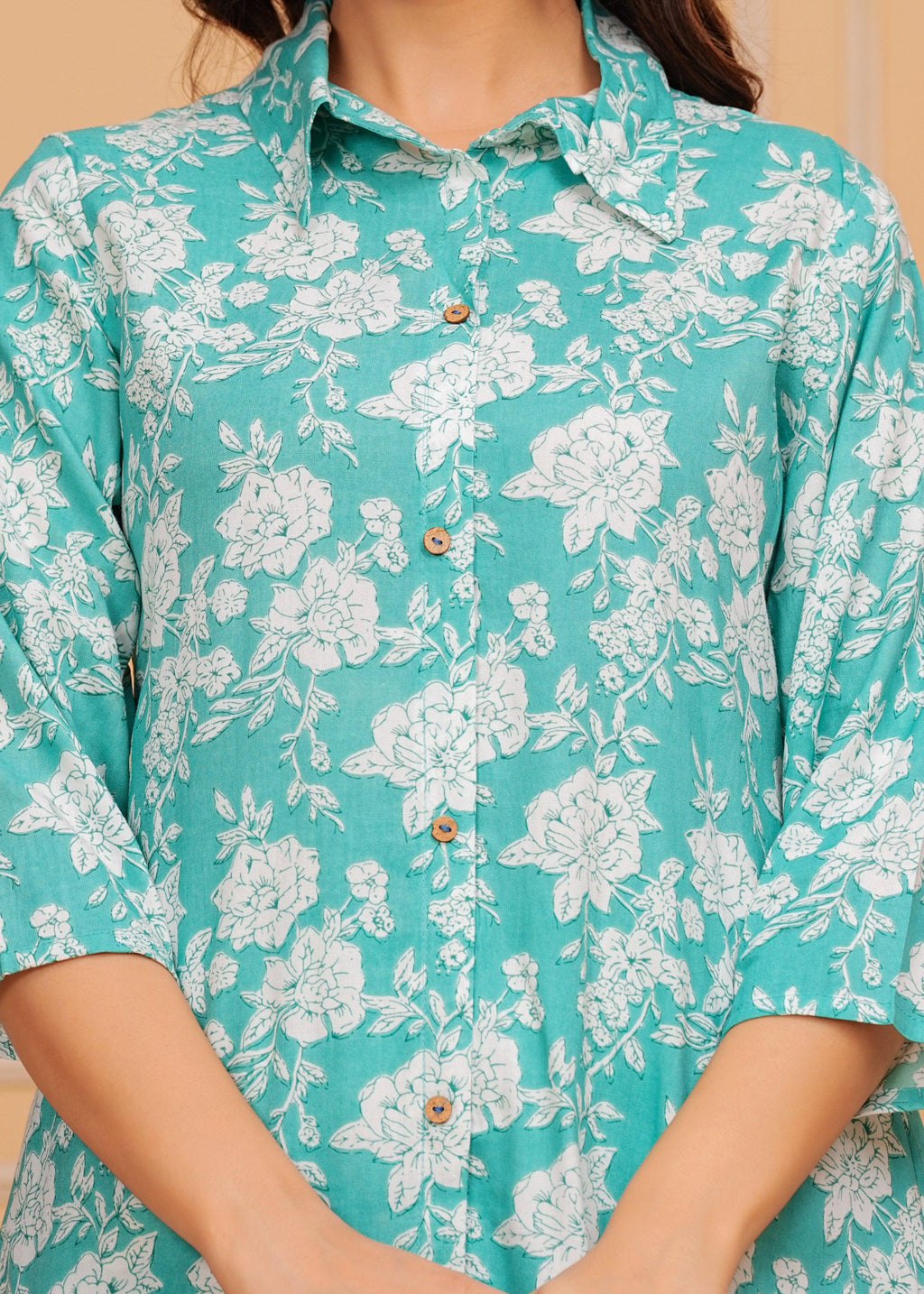 Downy White Floral Printed Rayon Co-Ord Set