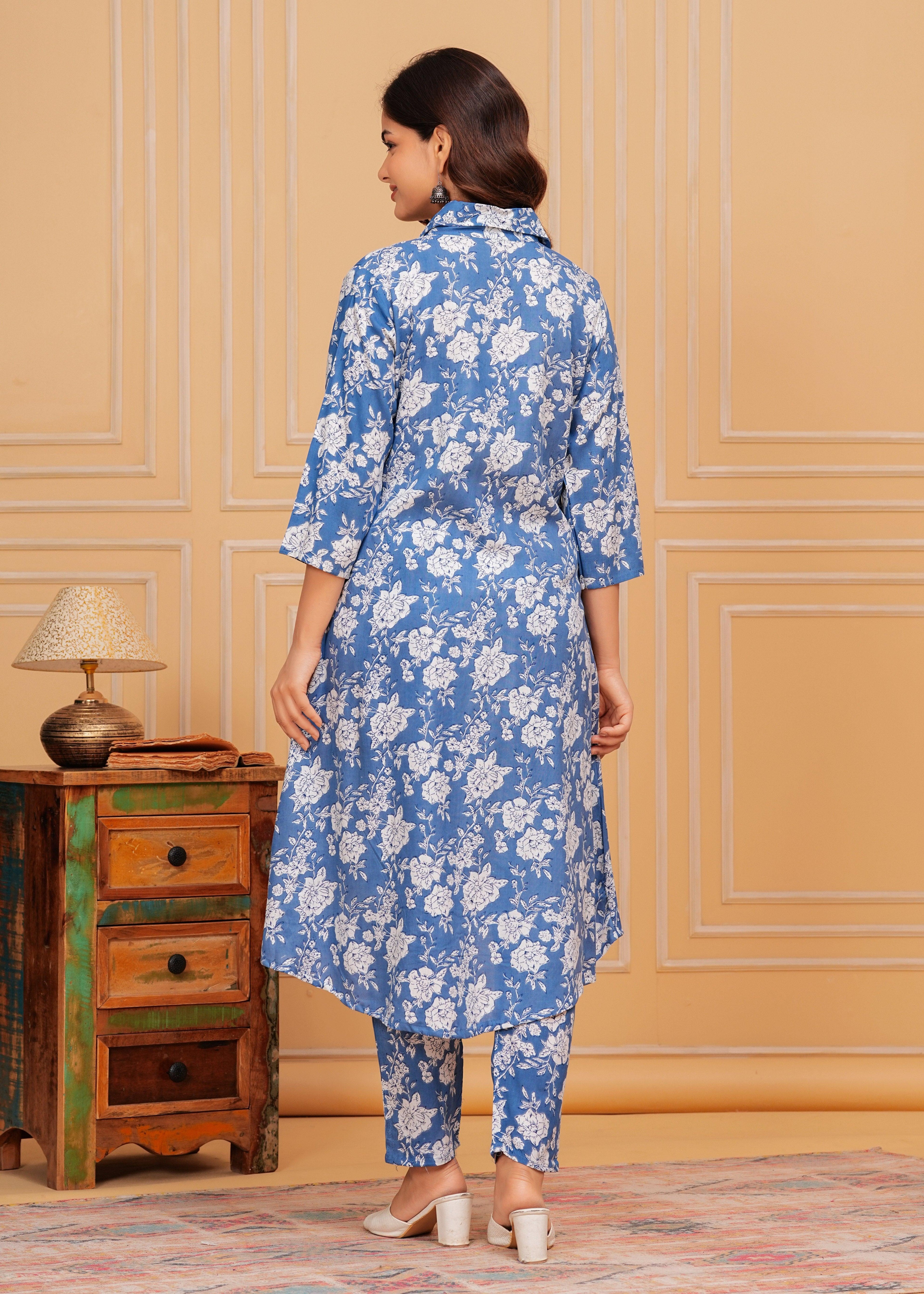 Blue White Floral Printed Rayon CO-Ord Set