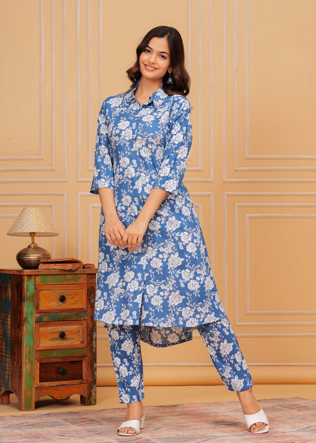 Blue White Floral Printed Rayon CO-Ord Set