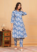 Blue White Floral Printed Rayon CO-Ord Set