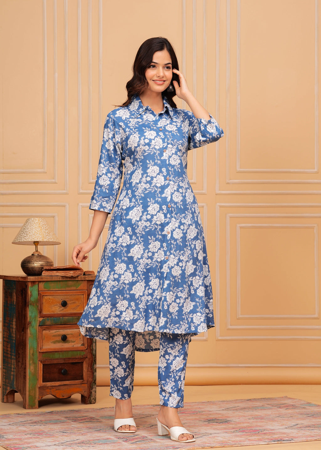 Blue White Floral Printed Rayon CO-Ord Set