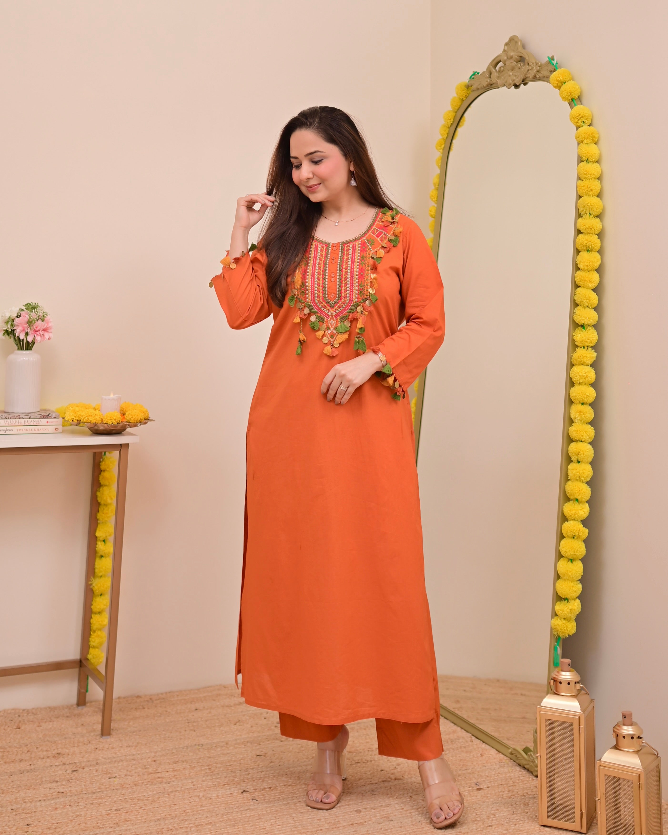 Orange Threadwork Tasseled Cotton Kurta Set