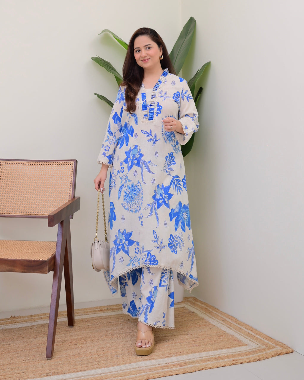 Blue Floral A Line Cotton Kurta Set