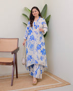 Blue Floral A Line Cotton Kurta Set