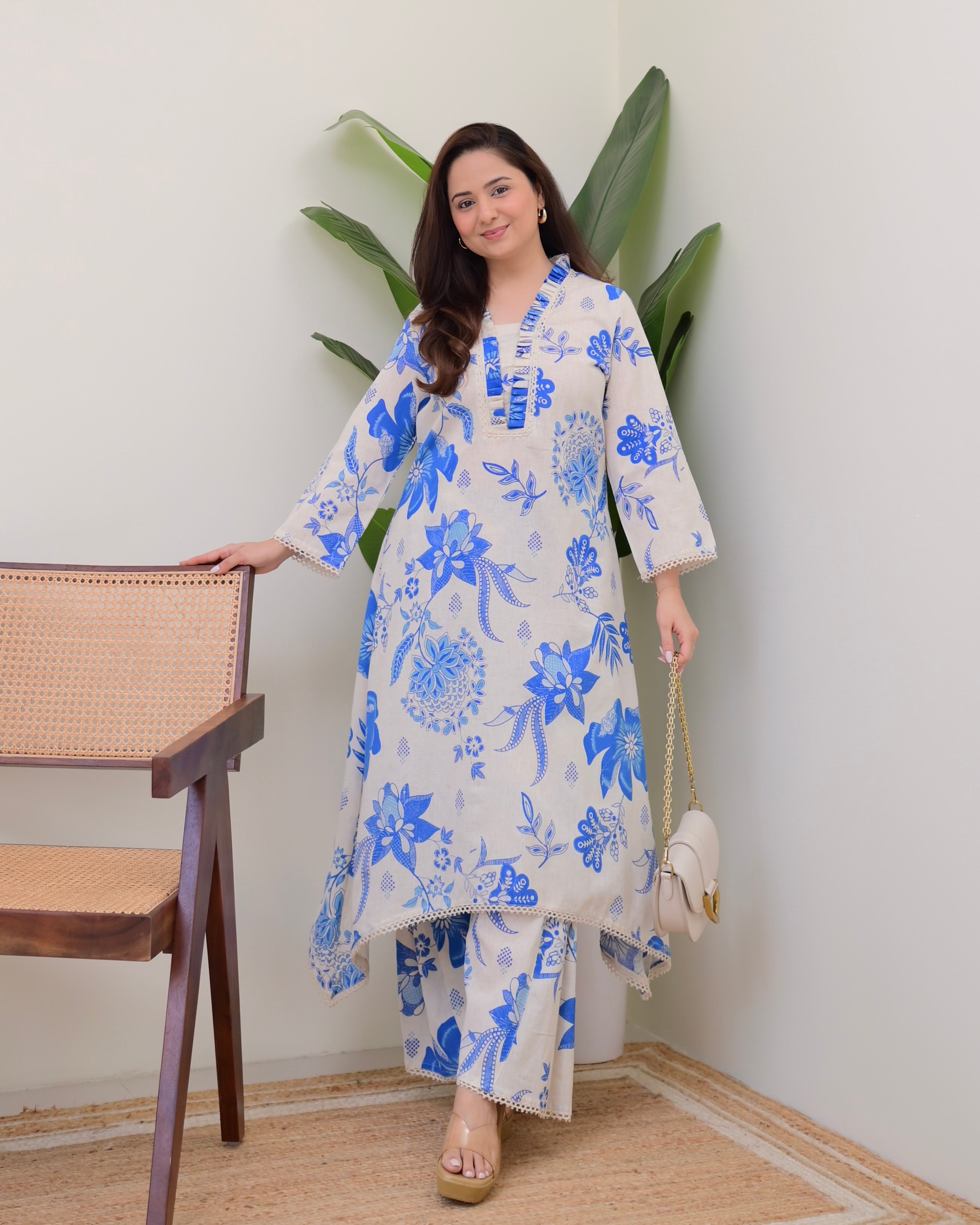 Blue Floral A Line Cotton Kurta Set