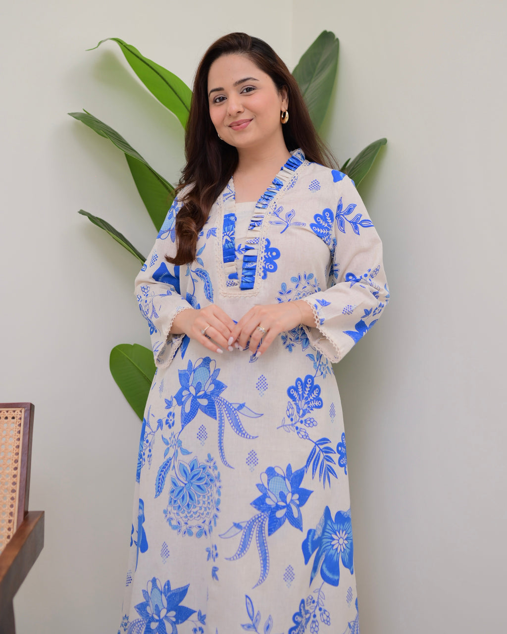 Blue Floral A Line Cotton Kurta Set