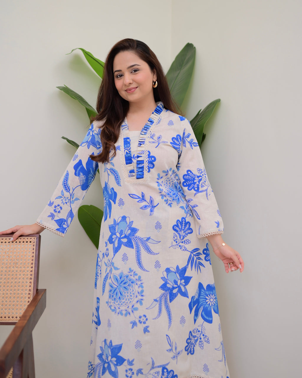 Blue Floral A Line Cotton Kurta Set