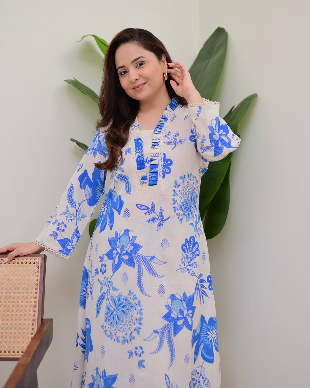Blue Floral A Line Cotton Kurta Set