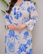 Blue Floral A Line Cotton Kurta Set