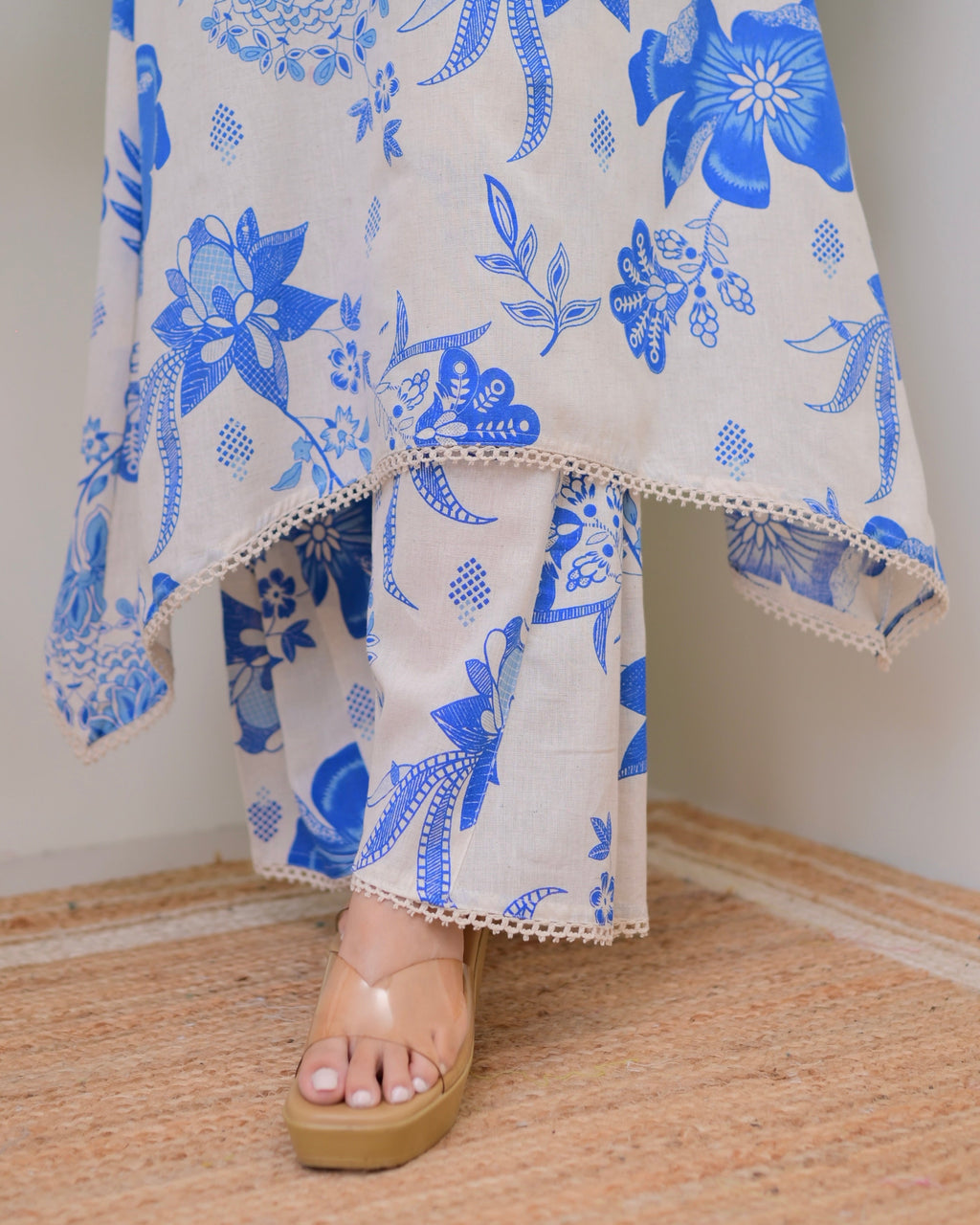 Blue Floral A Line Cotton Kurta Set
