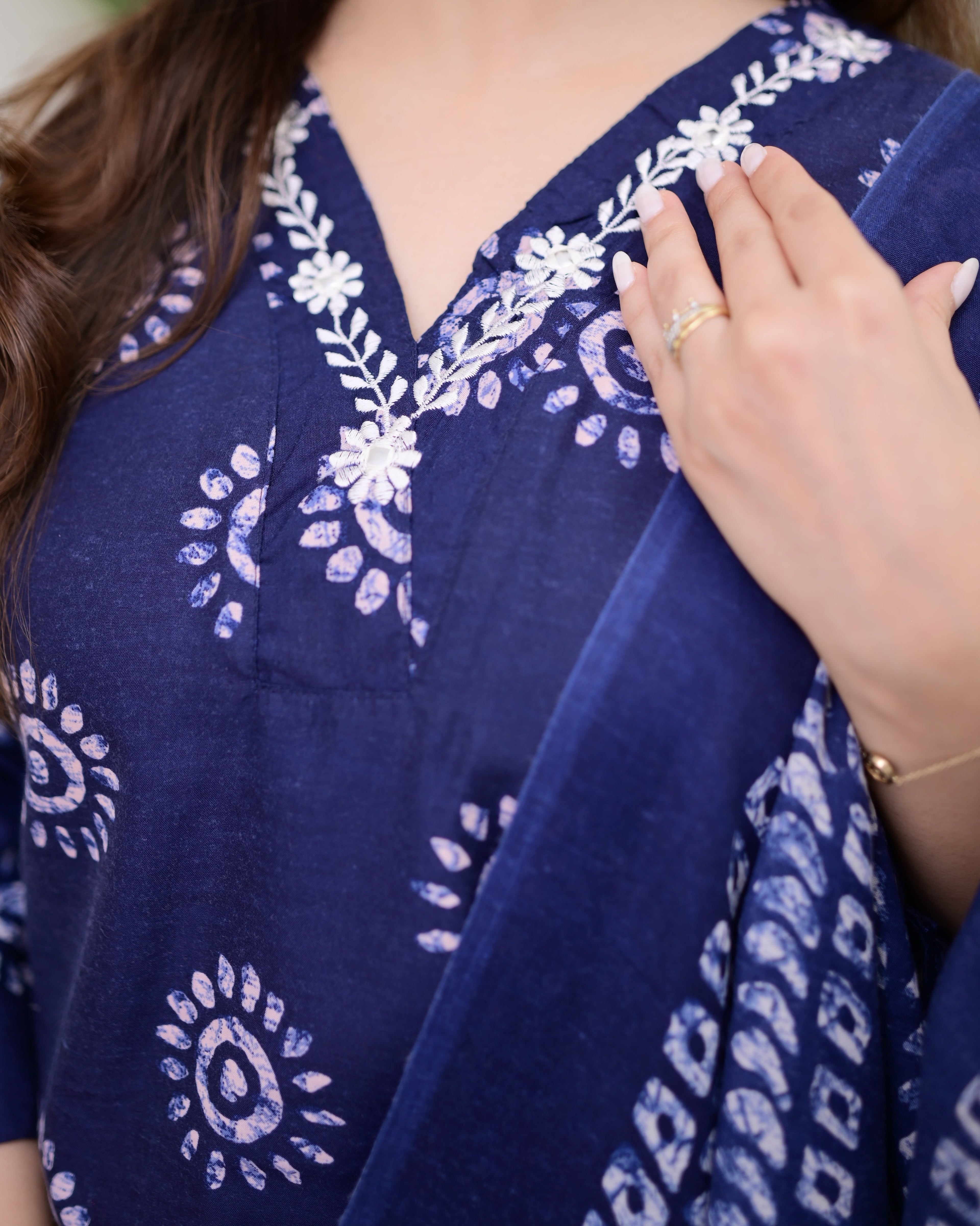 Navy Blue Floral Cotton Suit