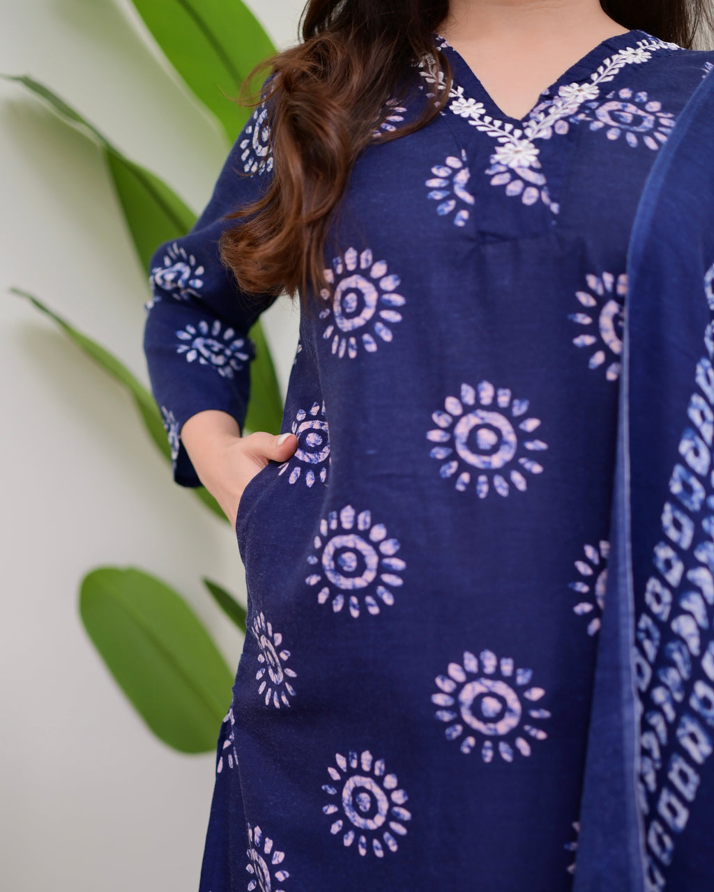 Navy Blue Floral Cotton Suit