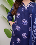 Navy Blue Floral Cotton Suit