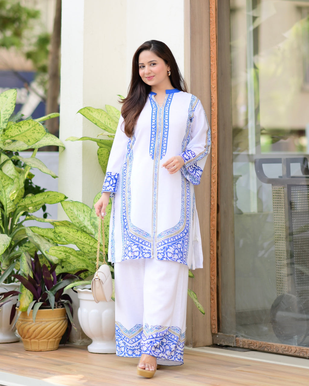 White Blue Moroccan Pakistani Cotton Linen Co-ord