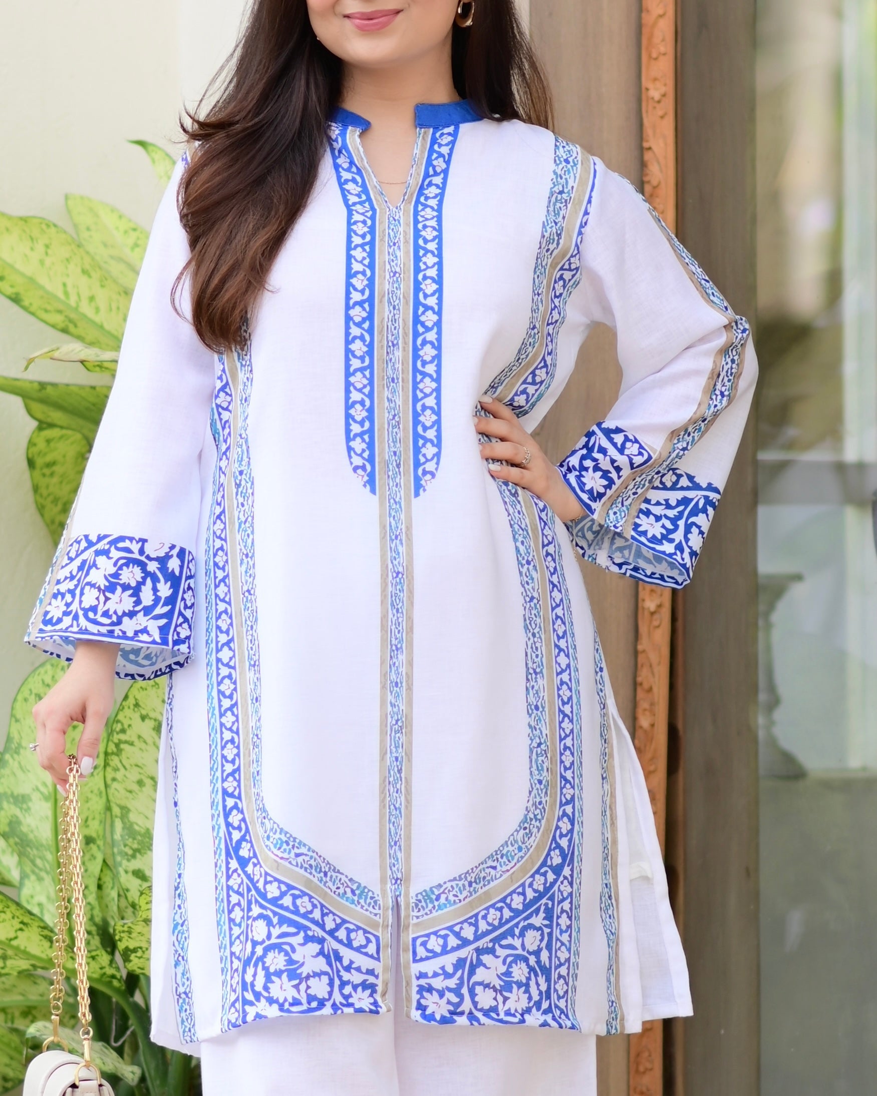 White Blue Moroccan Pakistani Cotton Linen Co-ord