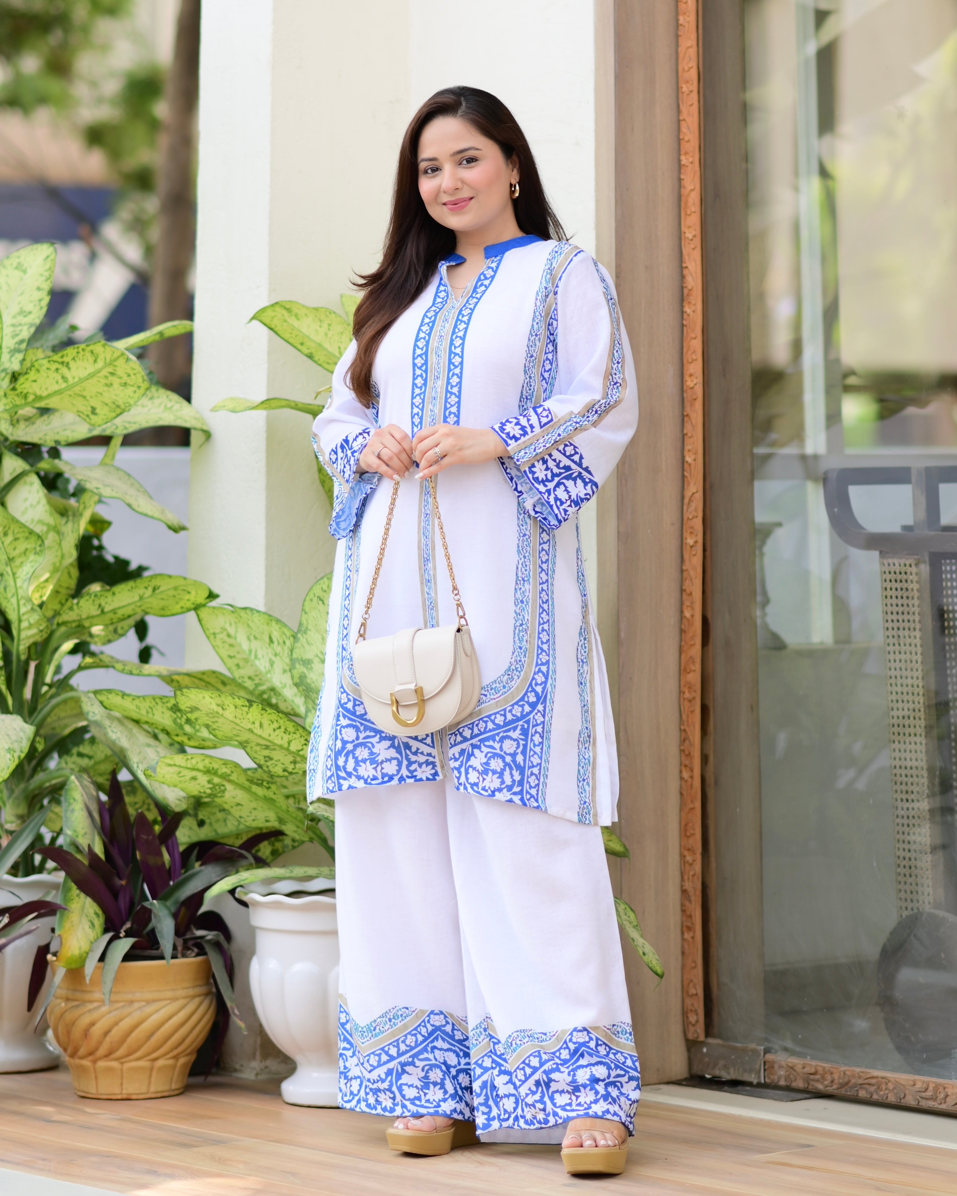 White Blue Moroccan Pakistani Cotton Linen Co-ord