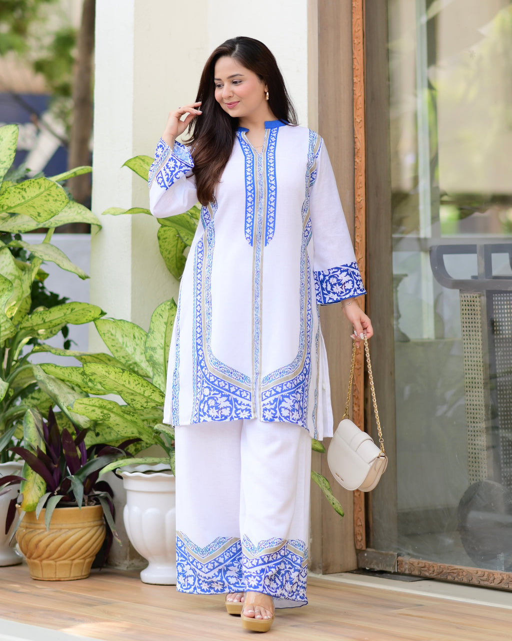 White Blue Moroccan Pakistani Cotton Linen Co-ord