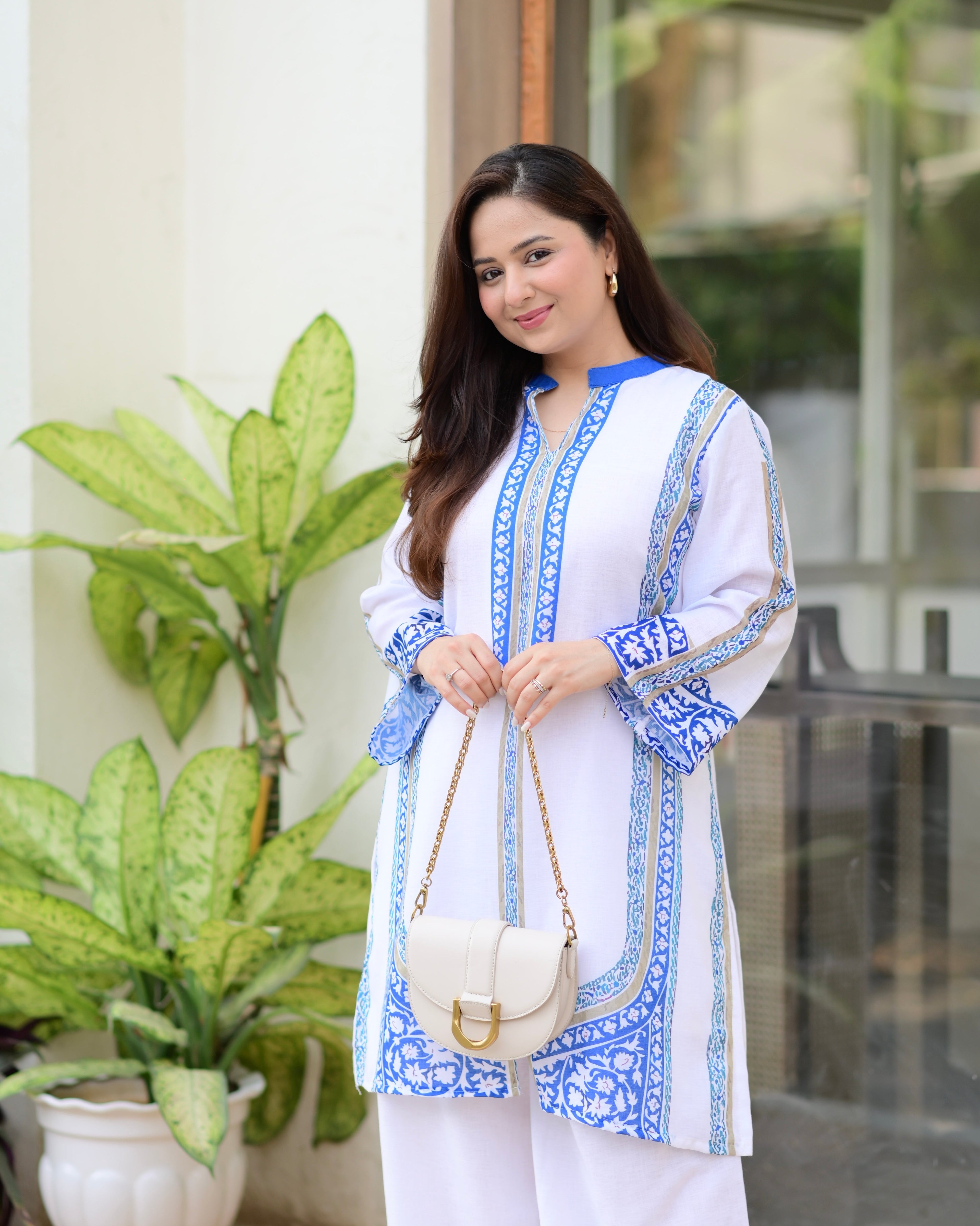 White Blue Moroccan Pakistani Cotton Linen Co-ord