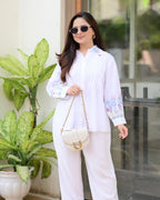 White Threadwork Collar Cotton Co-ord