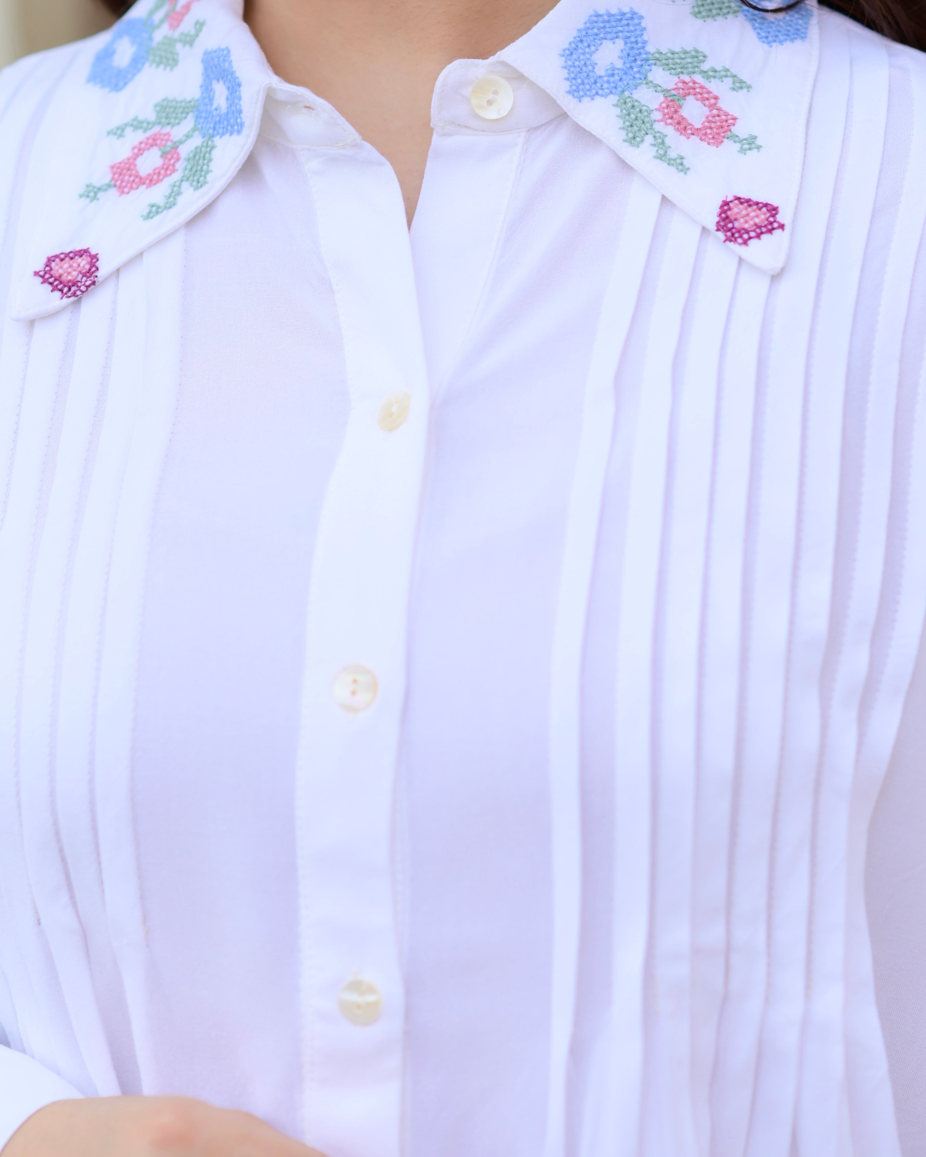 White Threadwork Collar Cotton Co-ord