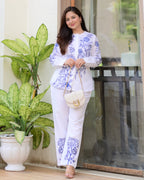 White Blue Threadwork Cotton Co-ord