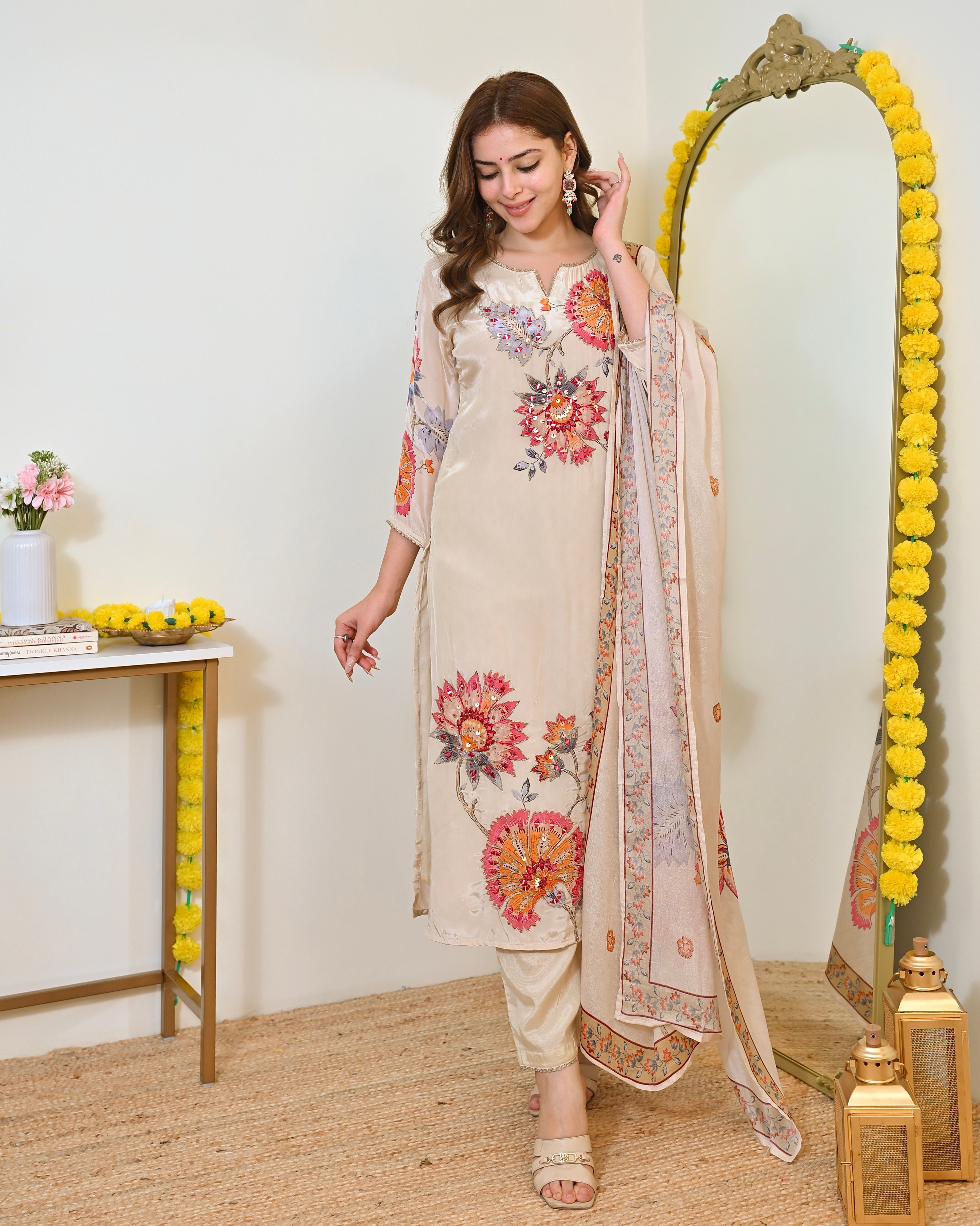 Ivory Gulbahaar Natural Crepe Handwork Festive Suit