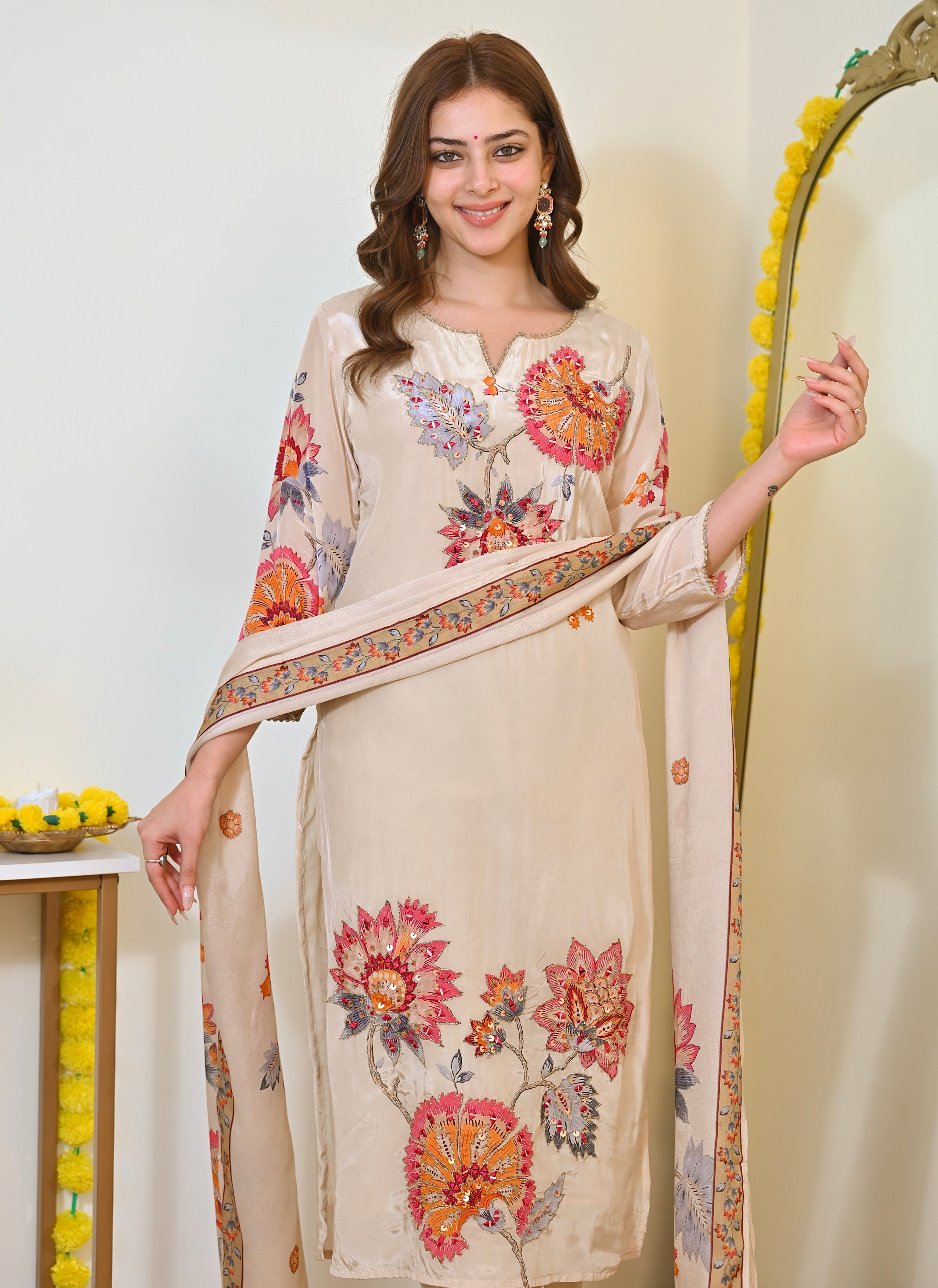 Ivory Gulbahaar Natural Crepe Handwork Festive Suit