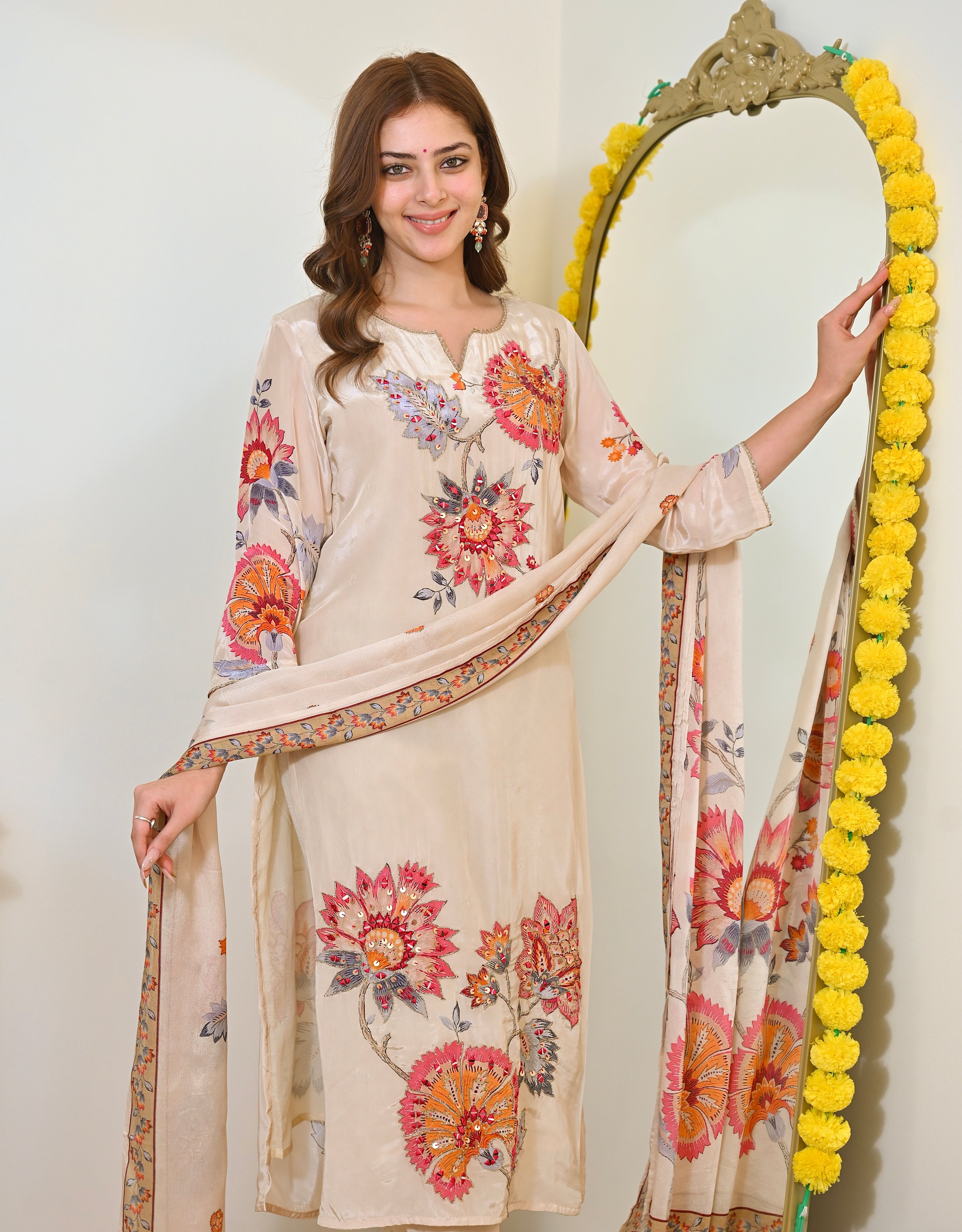 Ivory Gulbahaar Natural Crepe Handwork Festive Suit