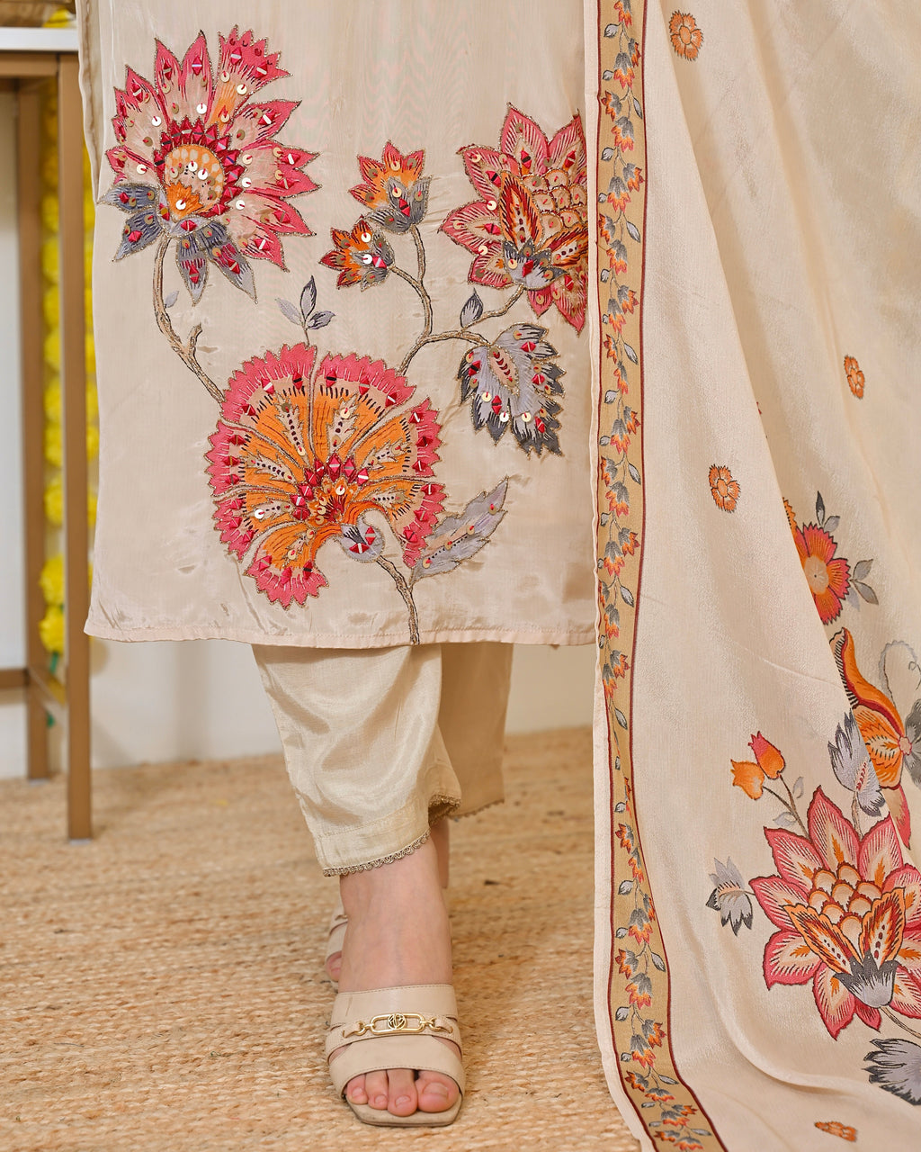 Ivory Gulbahaar Natural Crepe Handwork Festive Suit