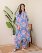 Blue Baroque A Line Cotton Kurta Set