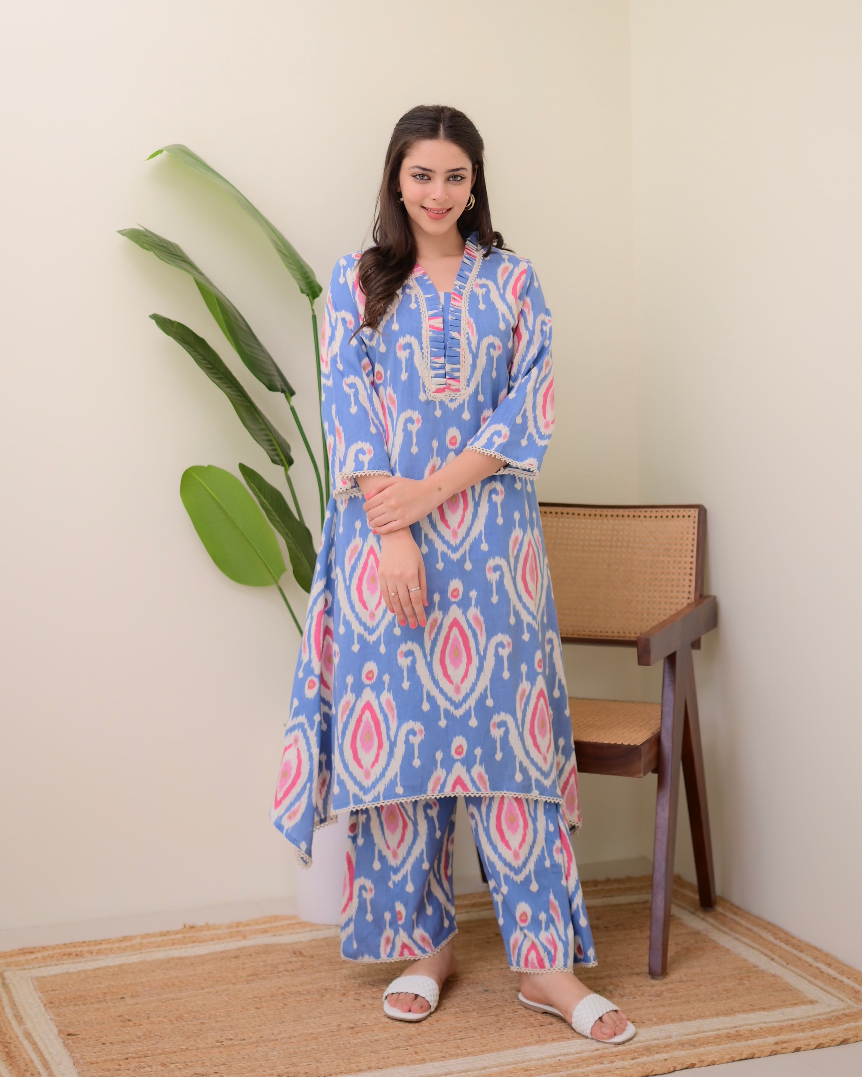 Blue Baroque A Line Cotton Kurta Set