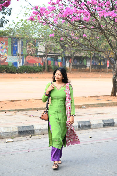 Parrot green Pure Kota hand embroidered  Kurta Set