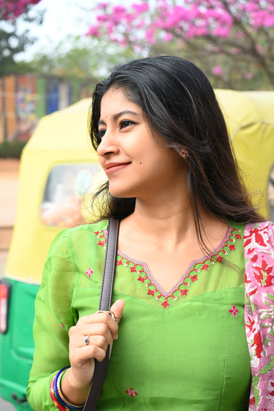 Parrot green Pure Kota hand embroidered  Kurta Set