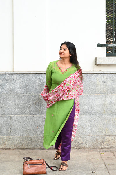 Parrot green Pure Kota hand embroidered  Kurta Set