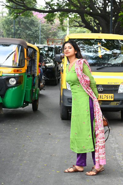 Parrot green Pure Kota hand embroidered  Kurta Set