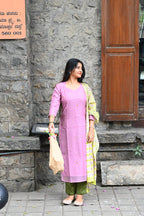 Purple Pure Kota hand embroidered Top and mul checks cotton Dupatta with Bottom