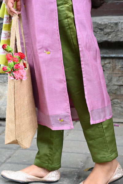 Purple Pure Kota hand embroidered Top and mul checks cotton Dupatta with Bottom