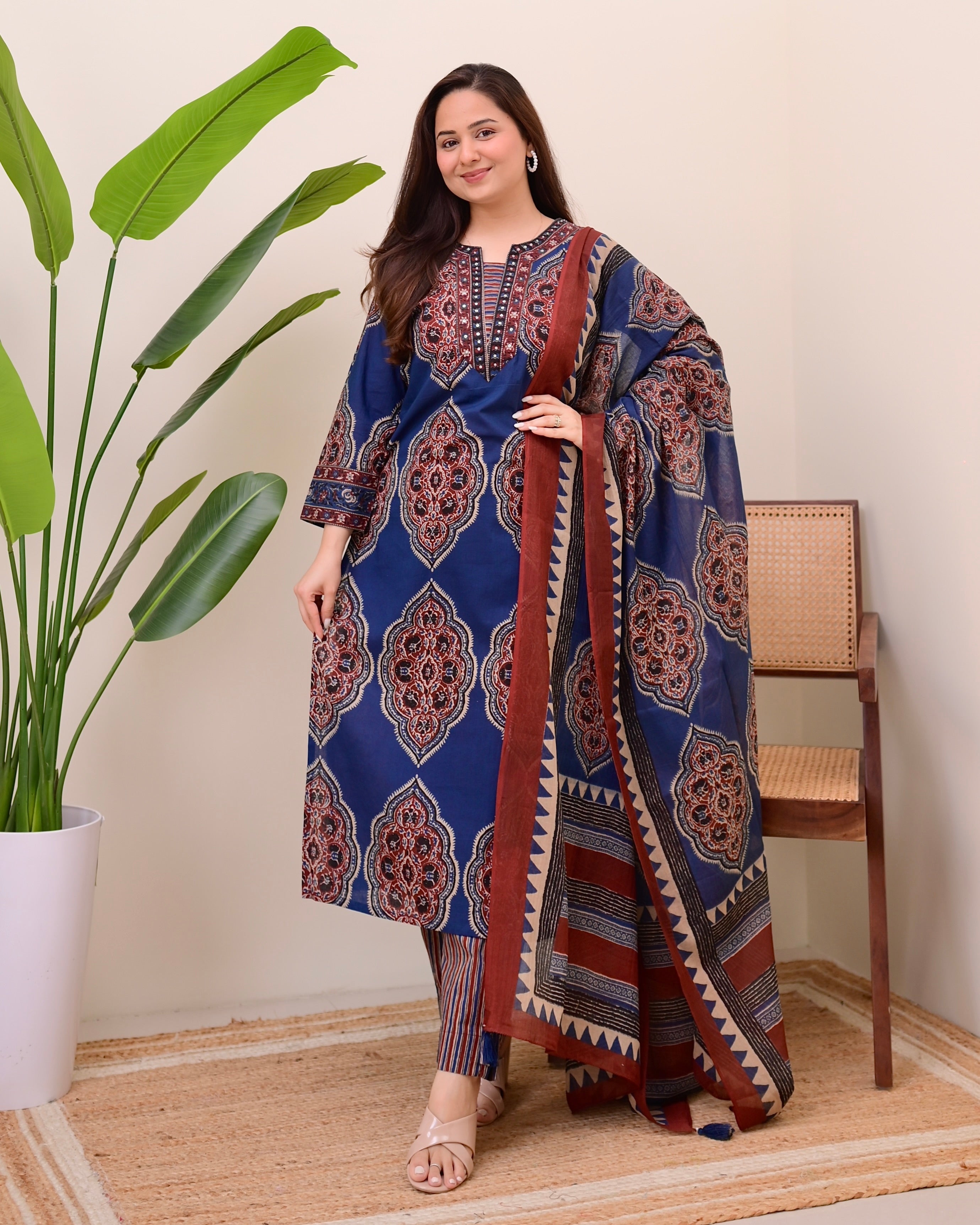 Blue Ajrak Printed Cotton Suit