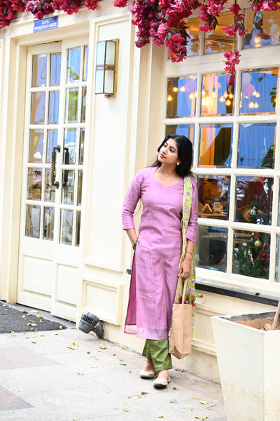 Purple Pure Kota hand embroidered Top and mul checks cotton Dupatta with Bottom