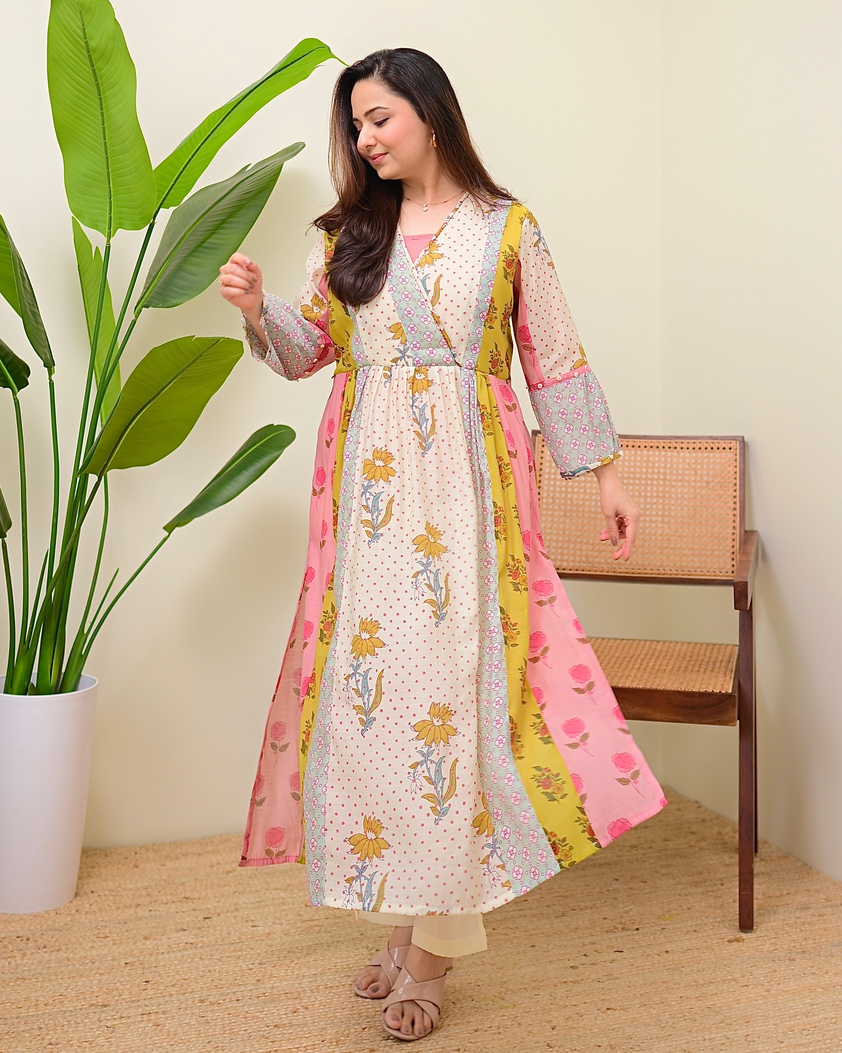 Soft Garden Pastel Hues Mul Chanderi A Line Kurta Set