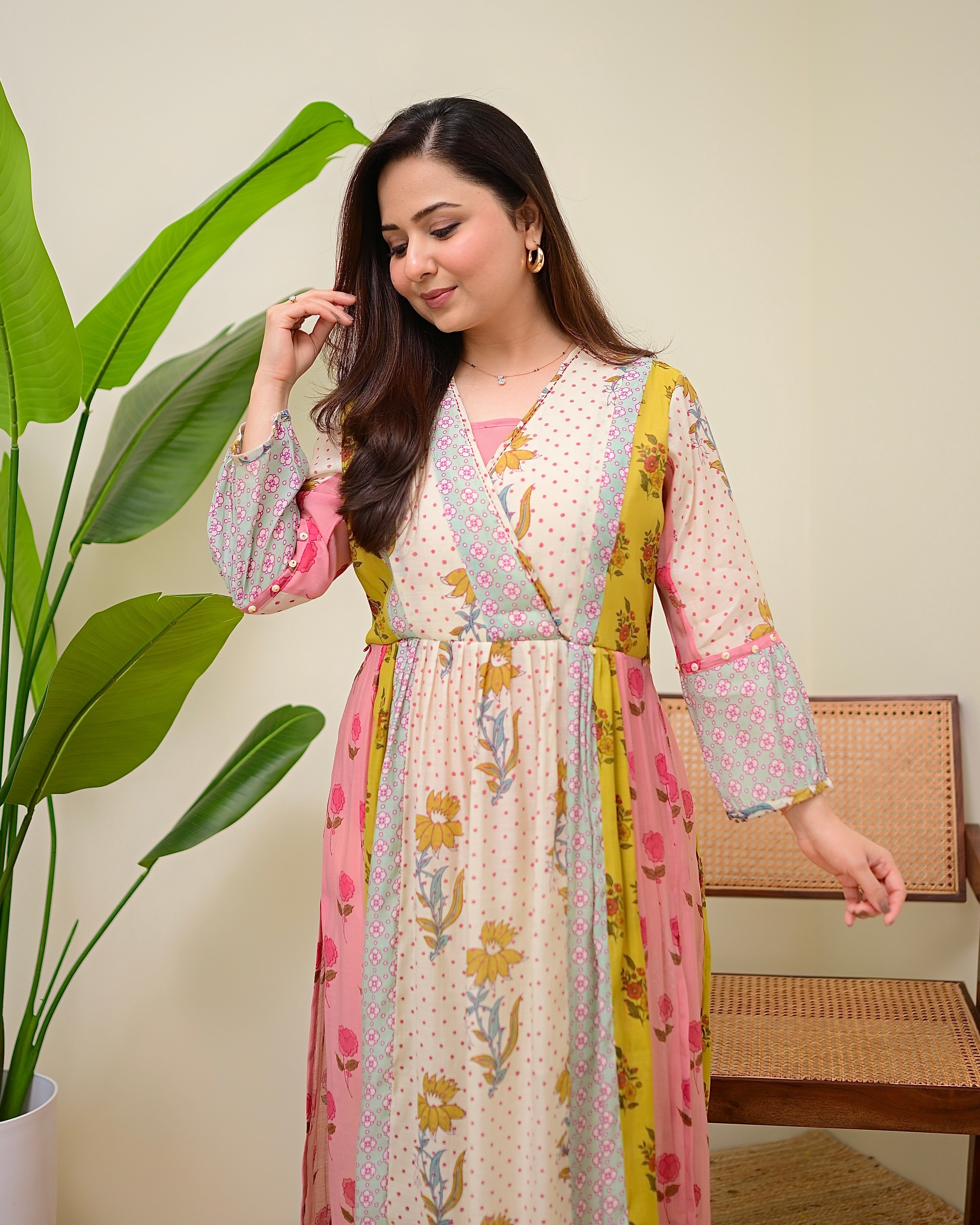 Soft Garden Pastel Hues Mul Chanderi A Line Kurta Set