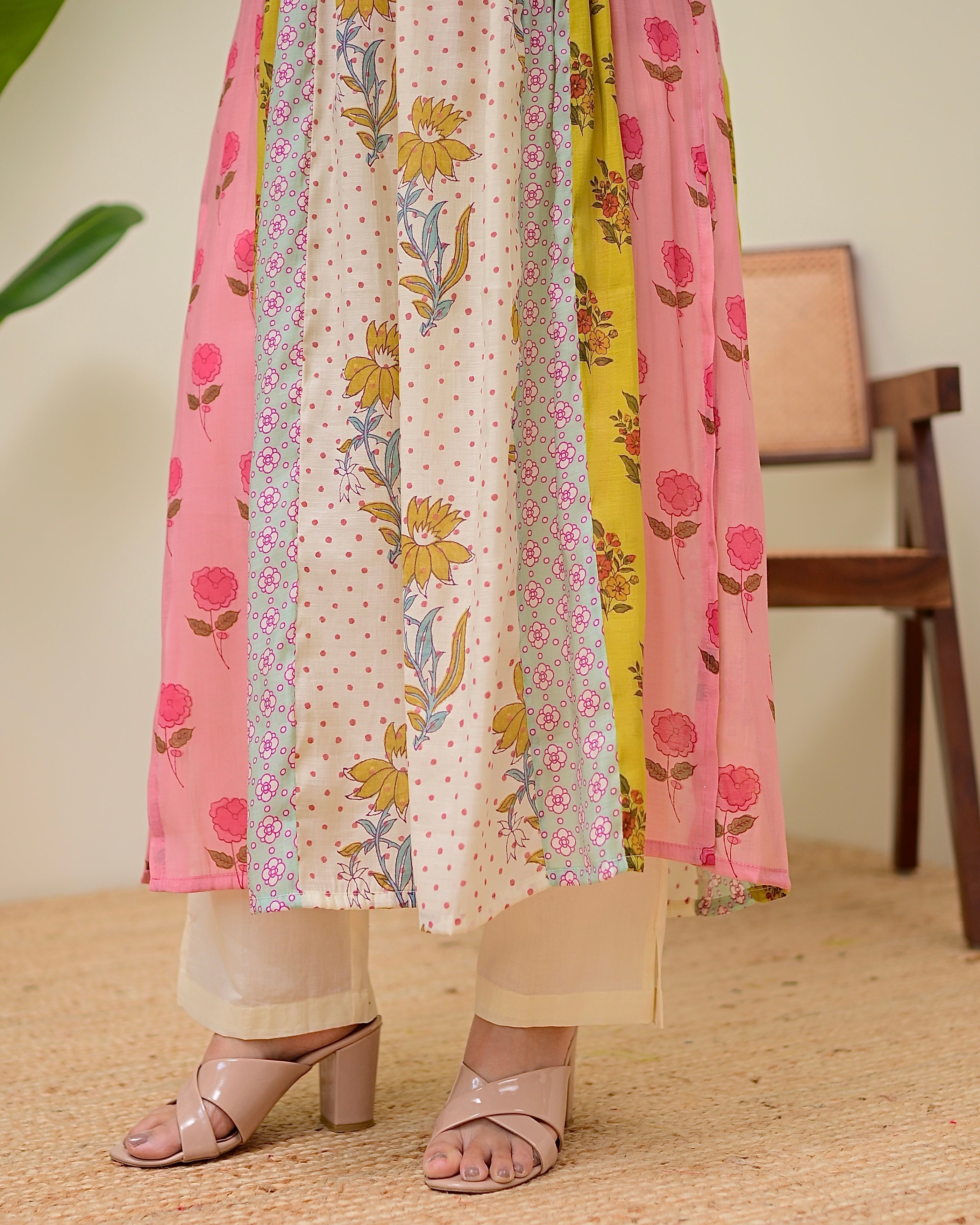 Soft Garden Pastel Hues Mul Chanderi A Line Kurta Set