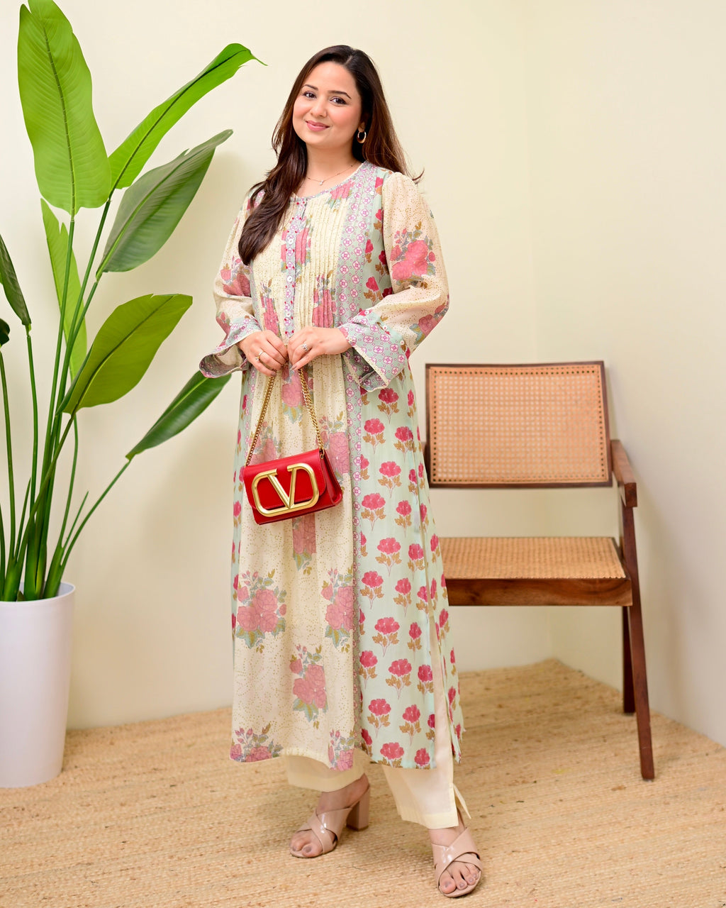 Ivory Blue Summer Rose Drift Pintex A Line Kurta Set