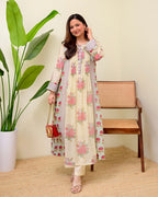 Ivory Blue Summer Rose Drift Pintex A Line Kurta Set