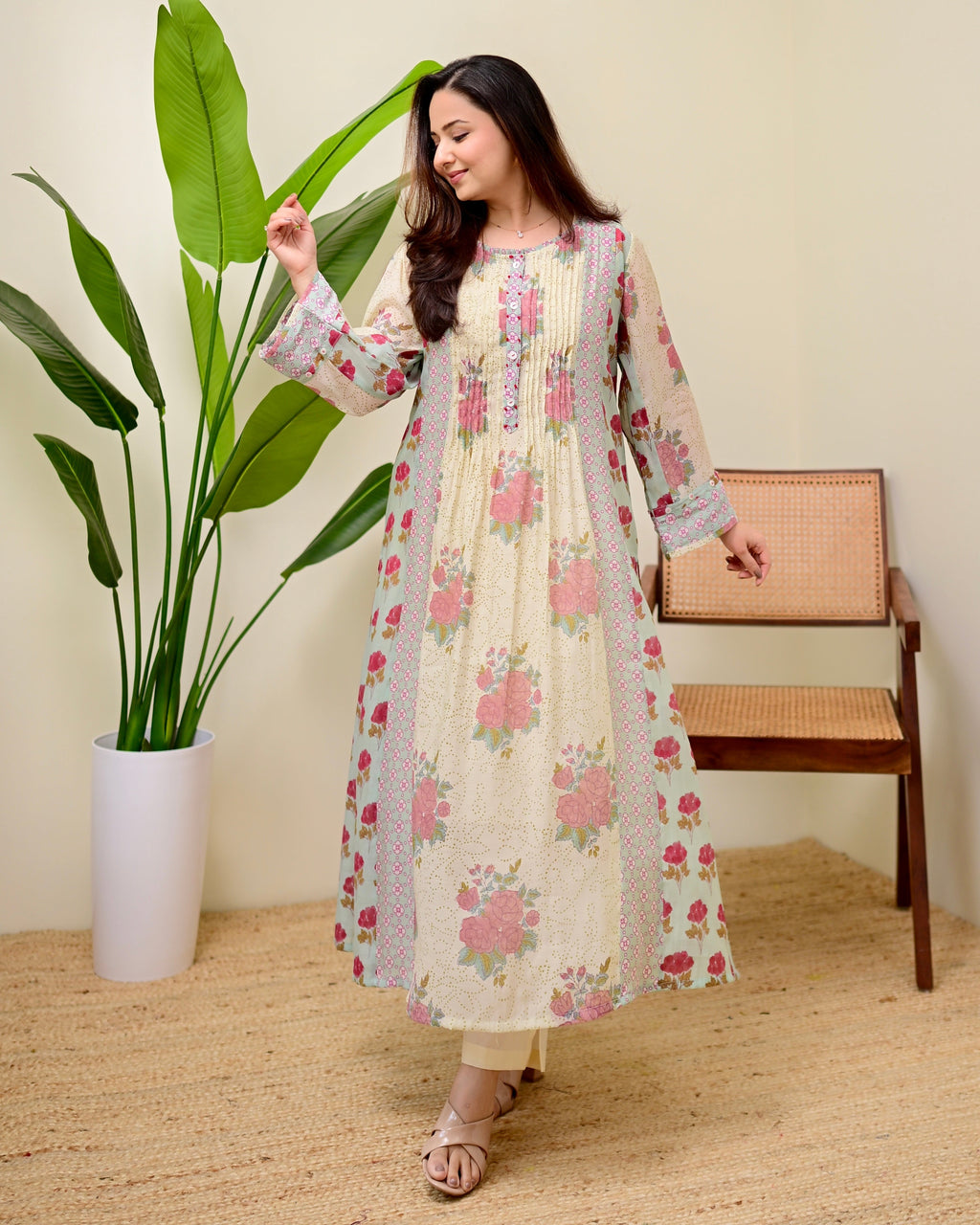 Ivory Blue Summer Rose Drift Pintex A Line Kurta Set